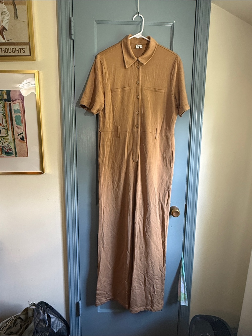 Casual Camel Short-Sleeve Button Jumpsuit